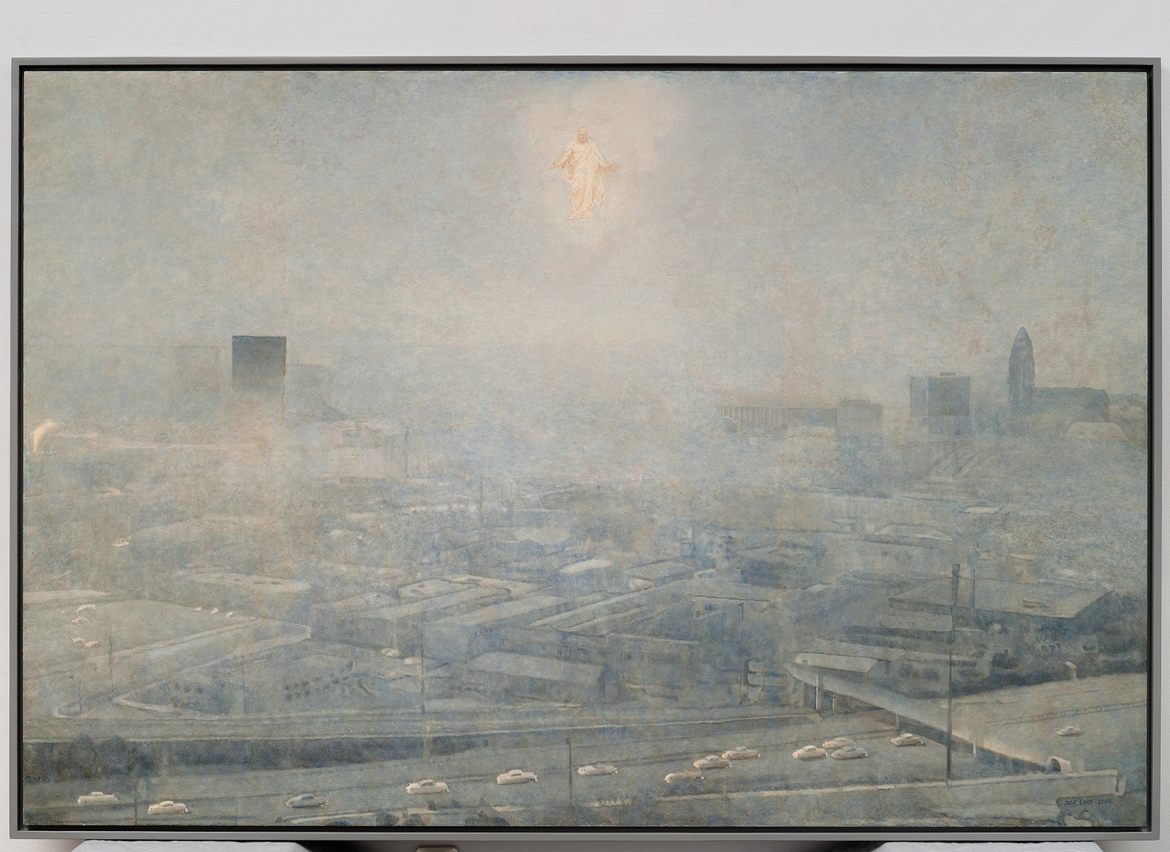 Oljemålning föreställande en stor stad med en kristusliknande gestalt svävande i himlen ovanför.