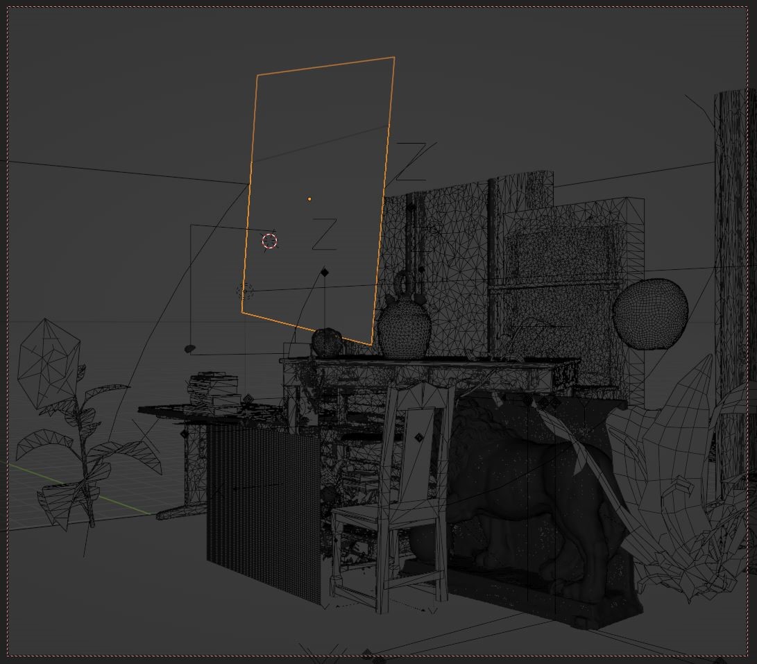 Steg 1 av en datorgenererad 3D-skiss över ett rum med ett skrivbord och diverse rektvisita.