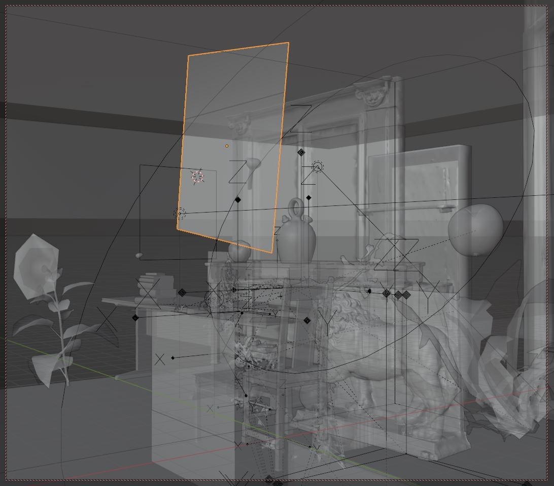 Steg 2 av en datorgenererad 3D-skiss över ett rum med ett skrivbord och diverse rektvisita.
