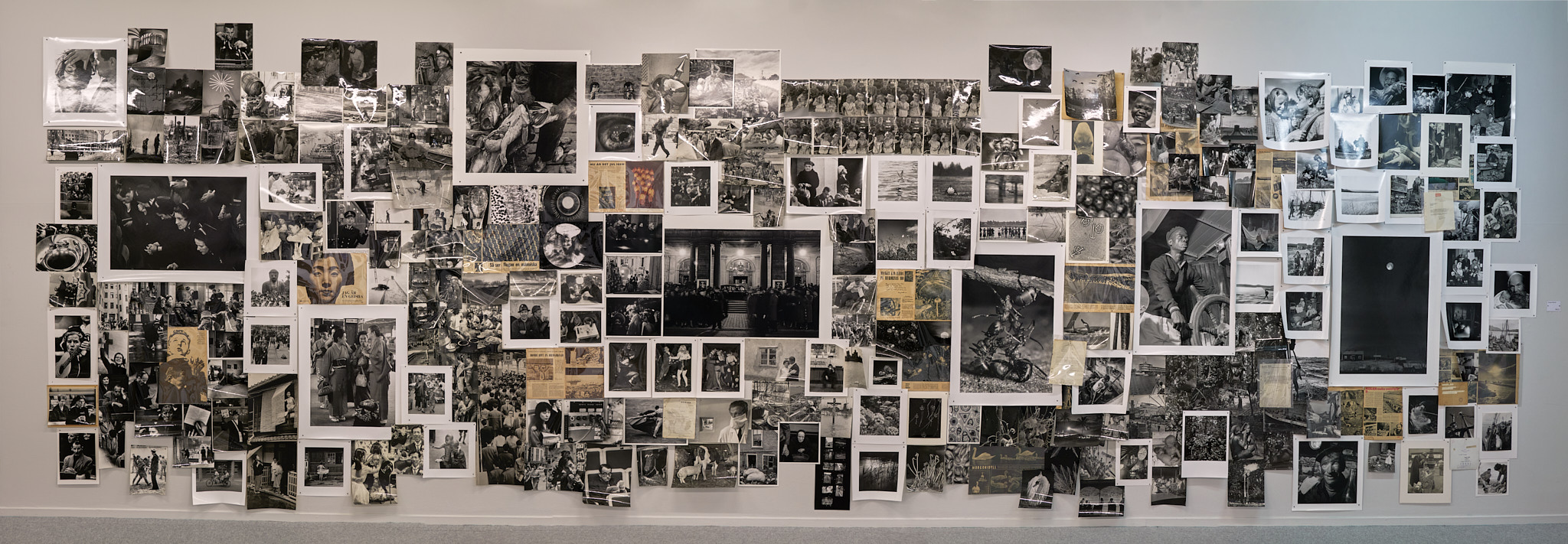 Ett stort antal oramade fotografier monterade på en vägg.